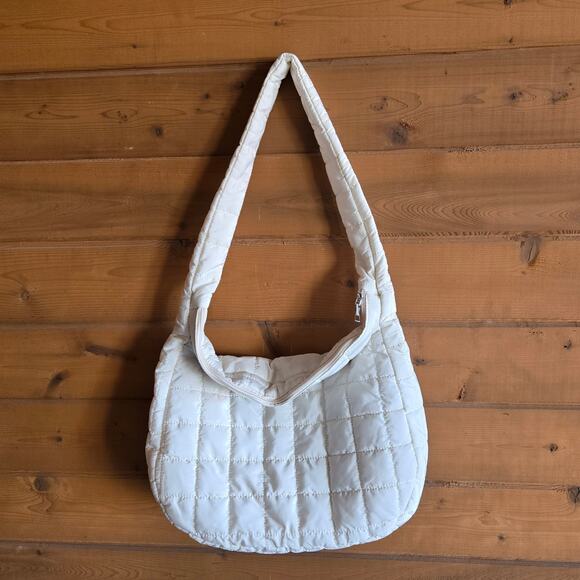 None Handbags - Quilted Puffer Bag Purse White Grid Shoulder Tote Boho Bookbag Preppy Librarian
